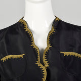 XS 1940s Jacket Black Taffeta Tie Waist Scallop Edge Gold Trim Embroidery Evening Jacket