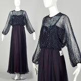 Small 1970s Jack Bryan Dress Blue Beaded Maxi Formal Disco Evening Gown