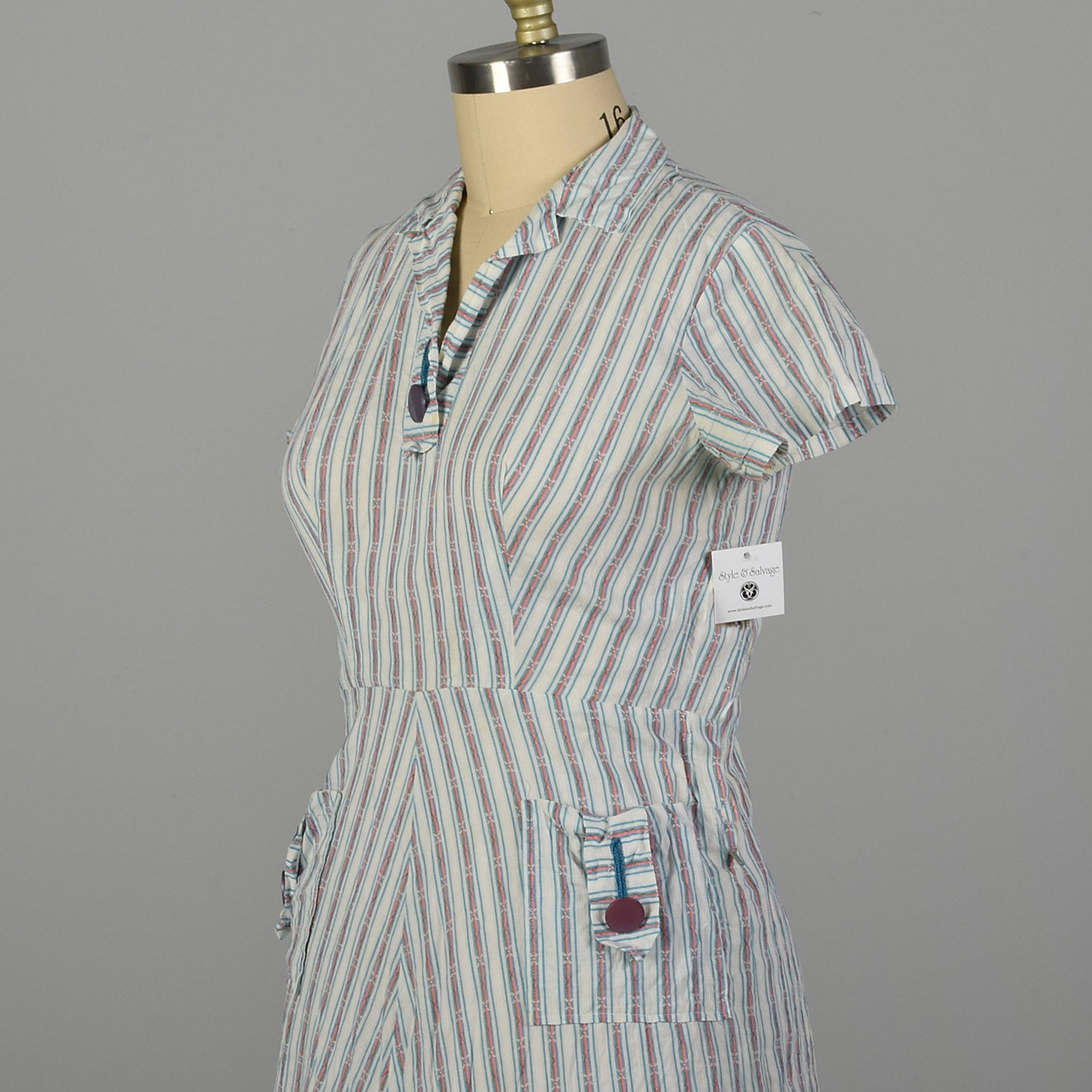XL 1950s Day Dress Lightweight Volup Striped Casual Short Sleeve Cotton