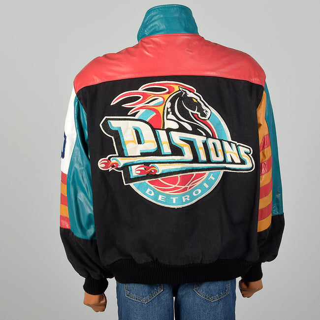 Large Jeff Hamilton 1990s Black Denim and Leather Detroit Pistons Jacket