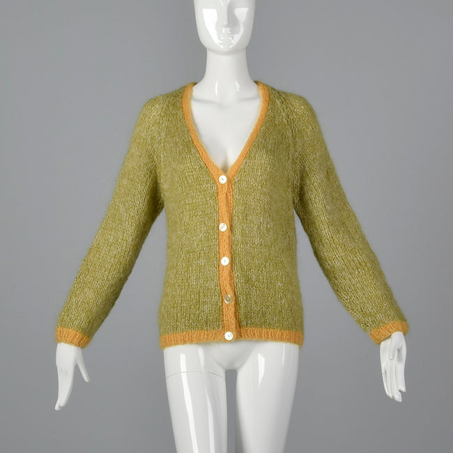 1950s Green Mohair Cardigan with Yellow Trim