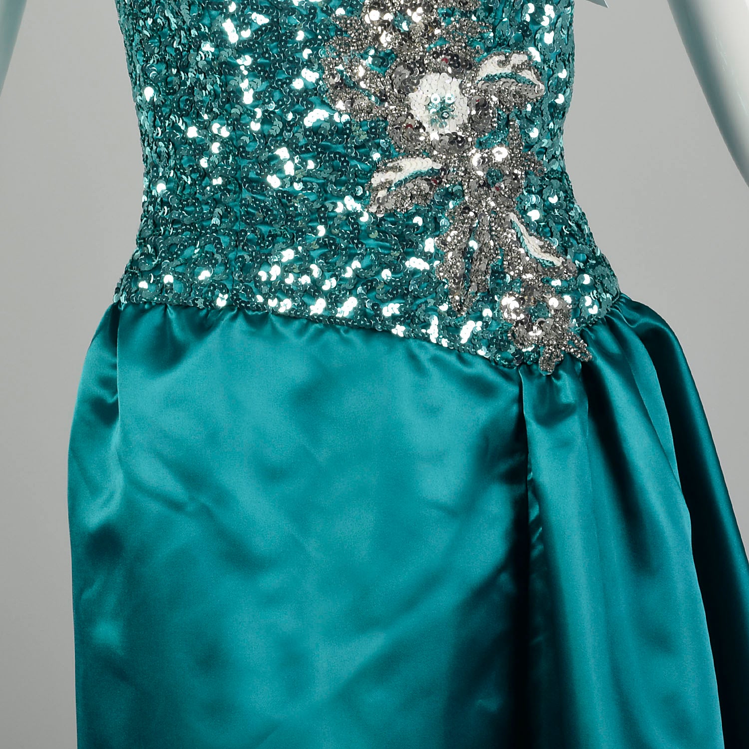 Small 1980s Mike Benet Teal Sequin Maxi Gown Formal