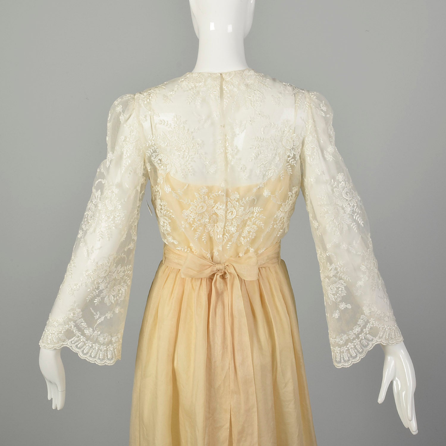 Small 1970s William Pearson Dress Cream Lace Bell Sleeve Bohemian Bridal Wedding