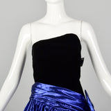 XXS 1980s Blue Lamé Prom Dress Asymmetric Black Velvet Full Skirt