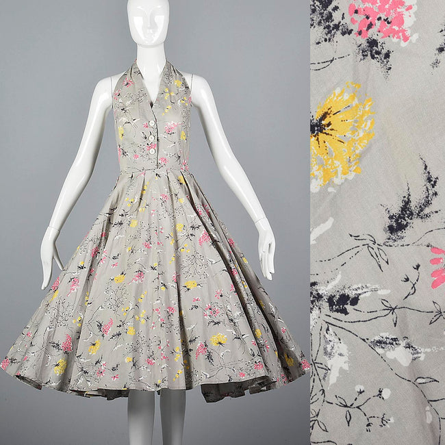 1950s Gray Floral Print Halter Dress with Full Circle Skirt