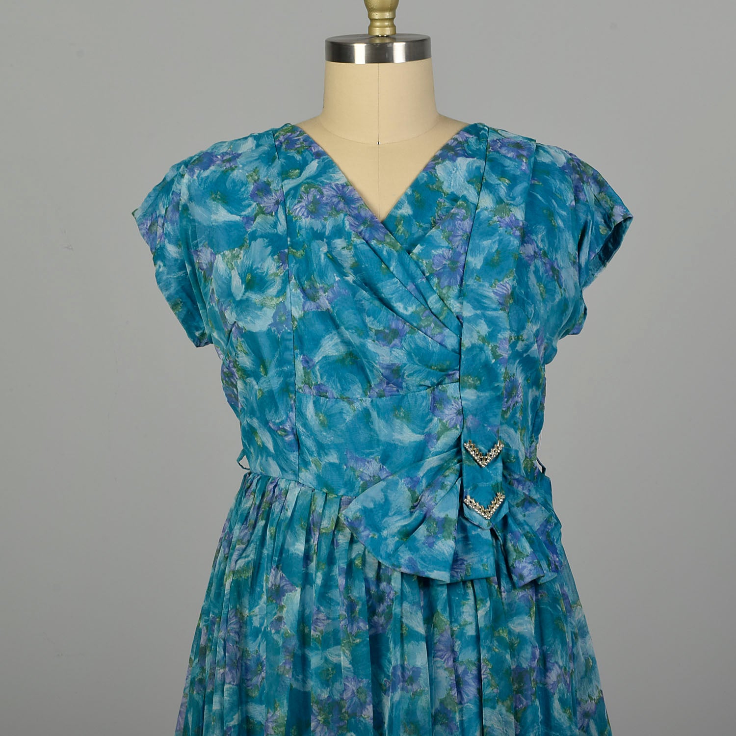 XL 1950s Dress Blue Short Sleeve Floral Volup Cocktail Party