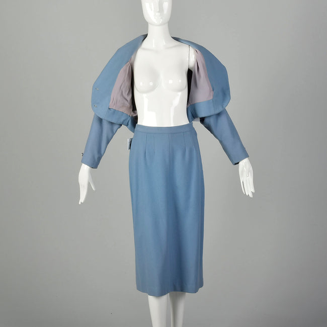 Small 1950s Blue Wool Skirt Suit Dolman Sleeve Theatre Costume Damaged As Is Set
