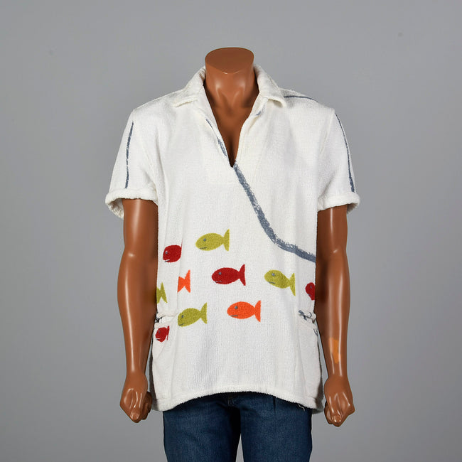 1950s Mens Terry Cloth Pull Over Shirt with Fish