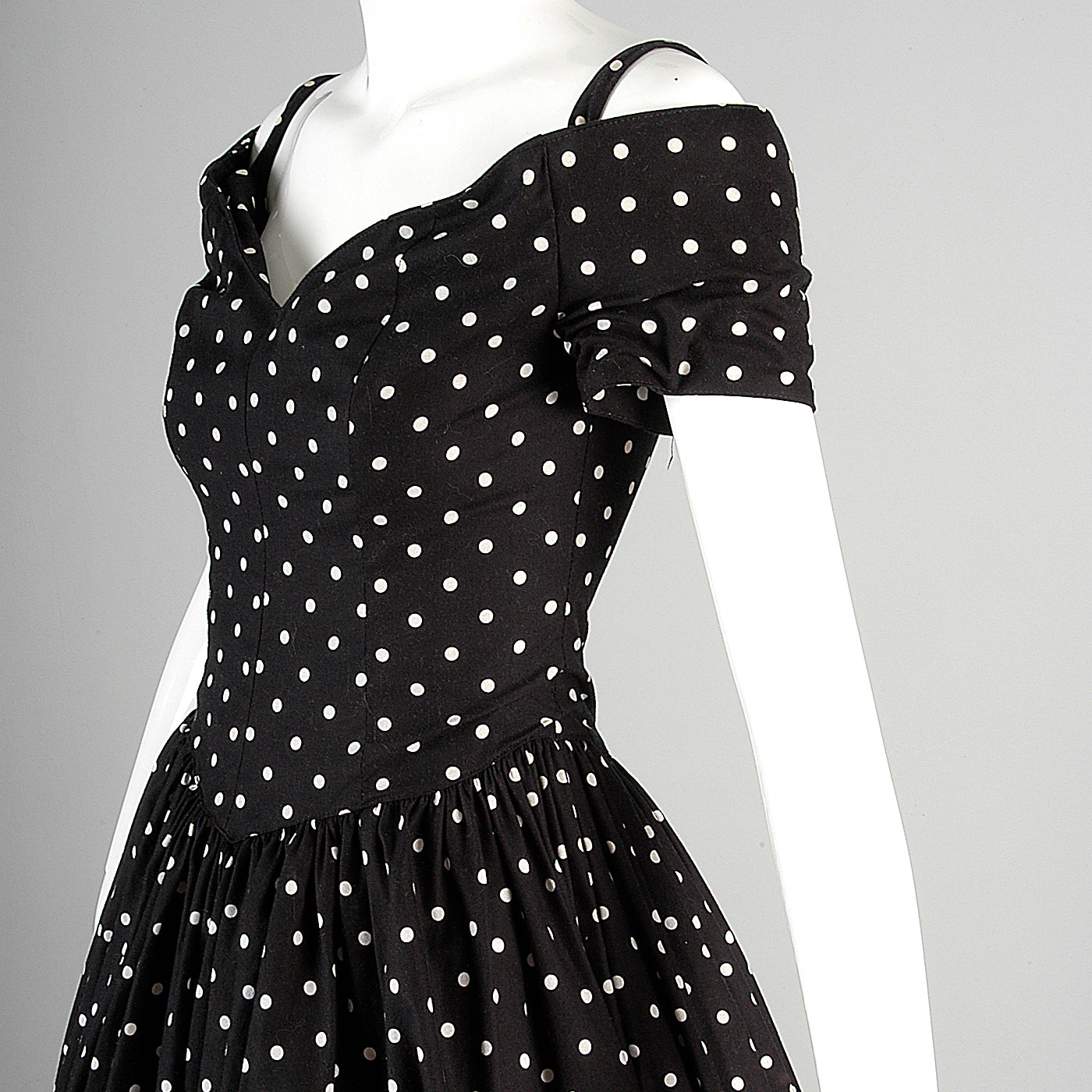 1980s I. Magnin Off Shoulder Party Dress in Black with White Polka Dots
