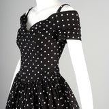 1980s I. Magnin Off Shoulder Party Dress in Black with White Polka Dots