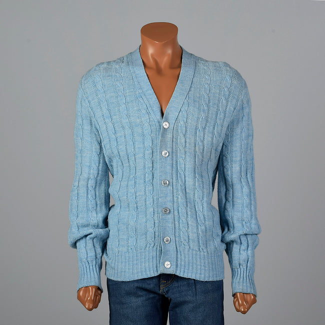 1960s Mens Baby Blue Cable Knit Cardigan