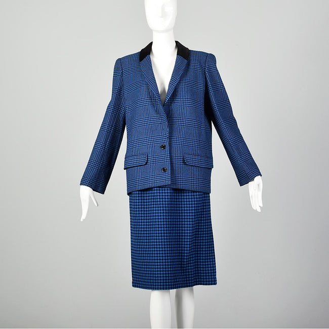 Medium Valentino Boutique 1980s Blue Houndstooth Plaid Skirt Suit