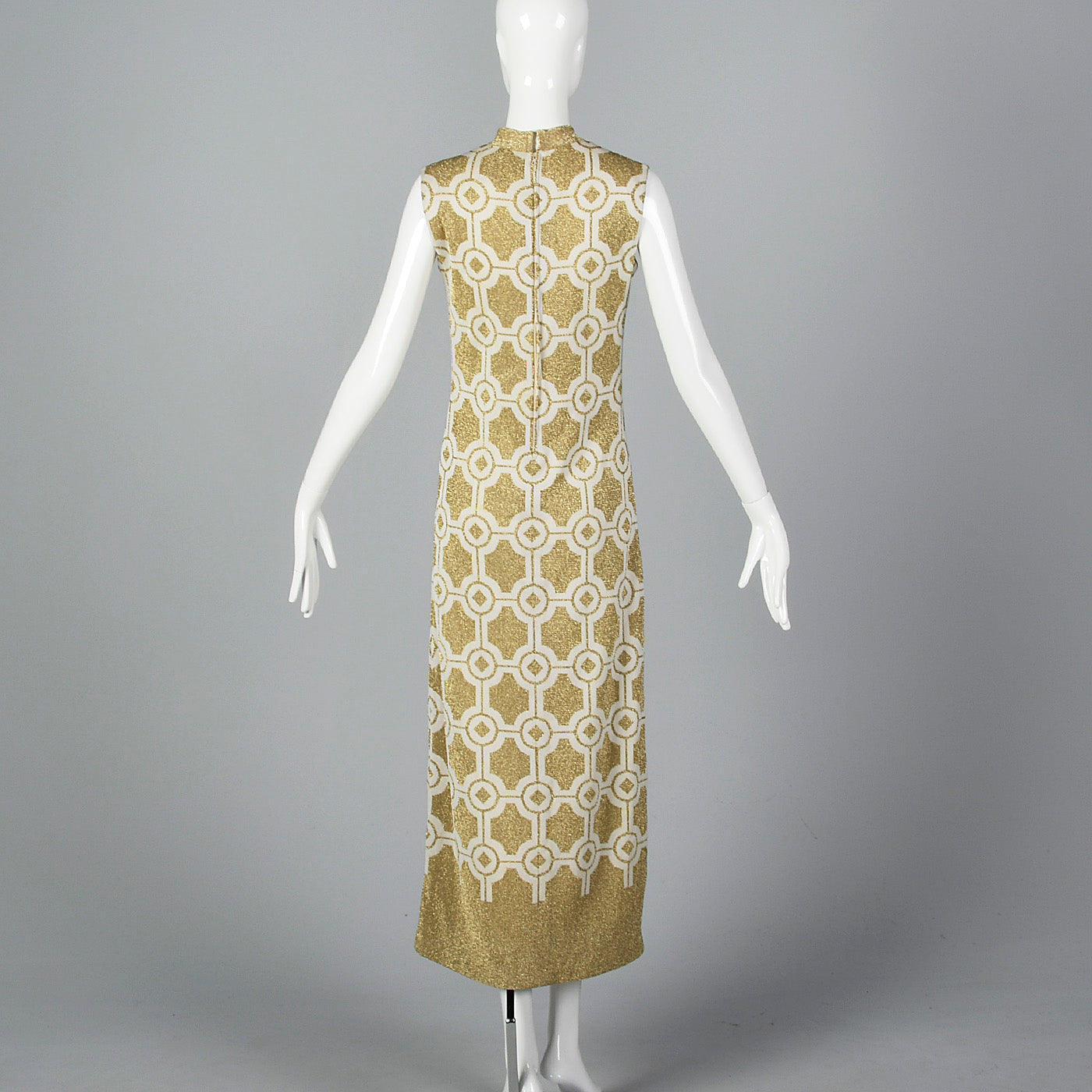 Incredible 1960s Balmain Les Tricots Geometric Gold Knit Maxi Dress