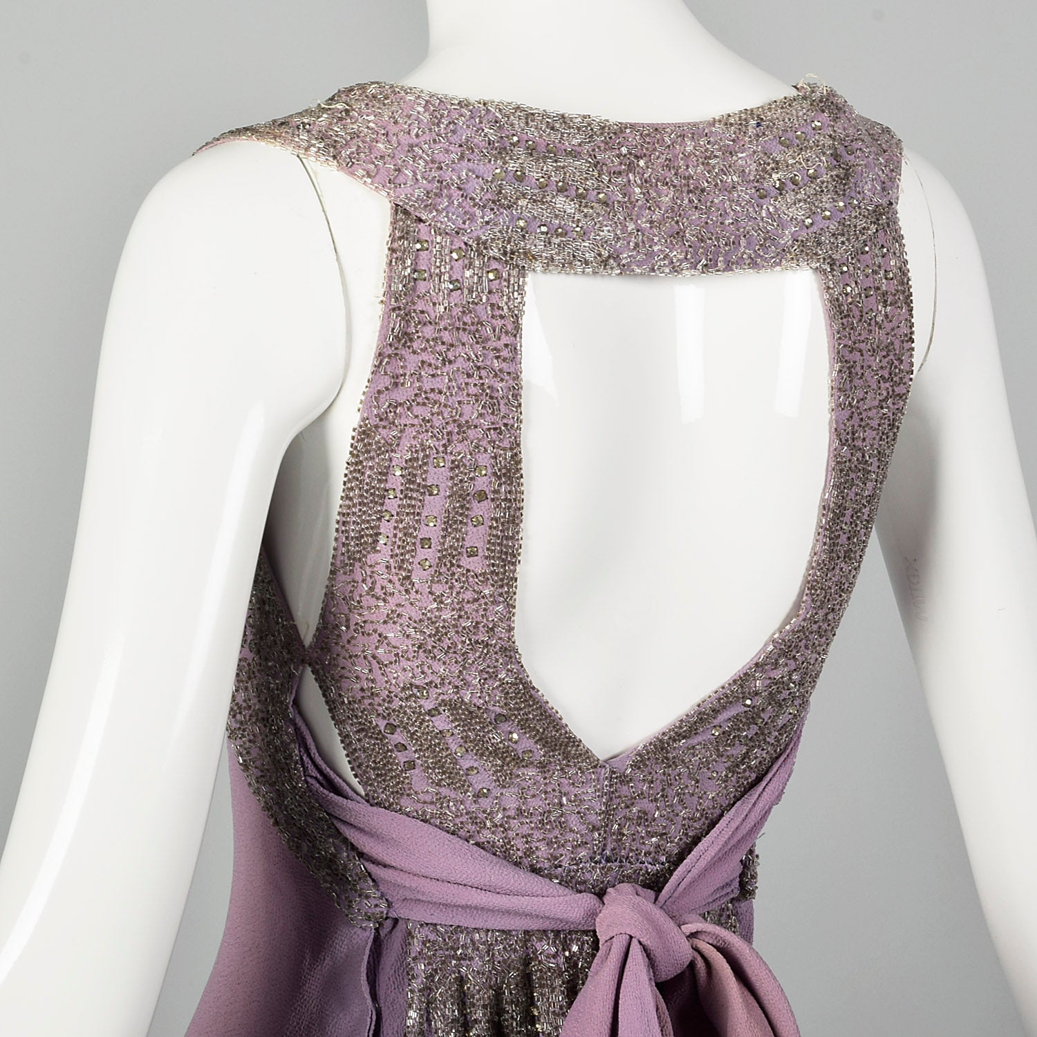 XXS 1930s Lucile Paray Bias Cut Lavender Beaded Evening Dress Keyhole Back