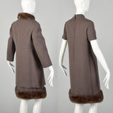 Small 1960s Mod Dress and Winter Coat Set with Taupe Mink Fur Trim