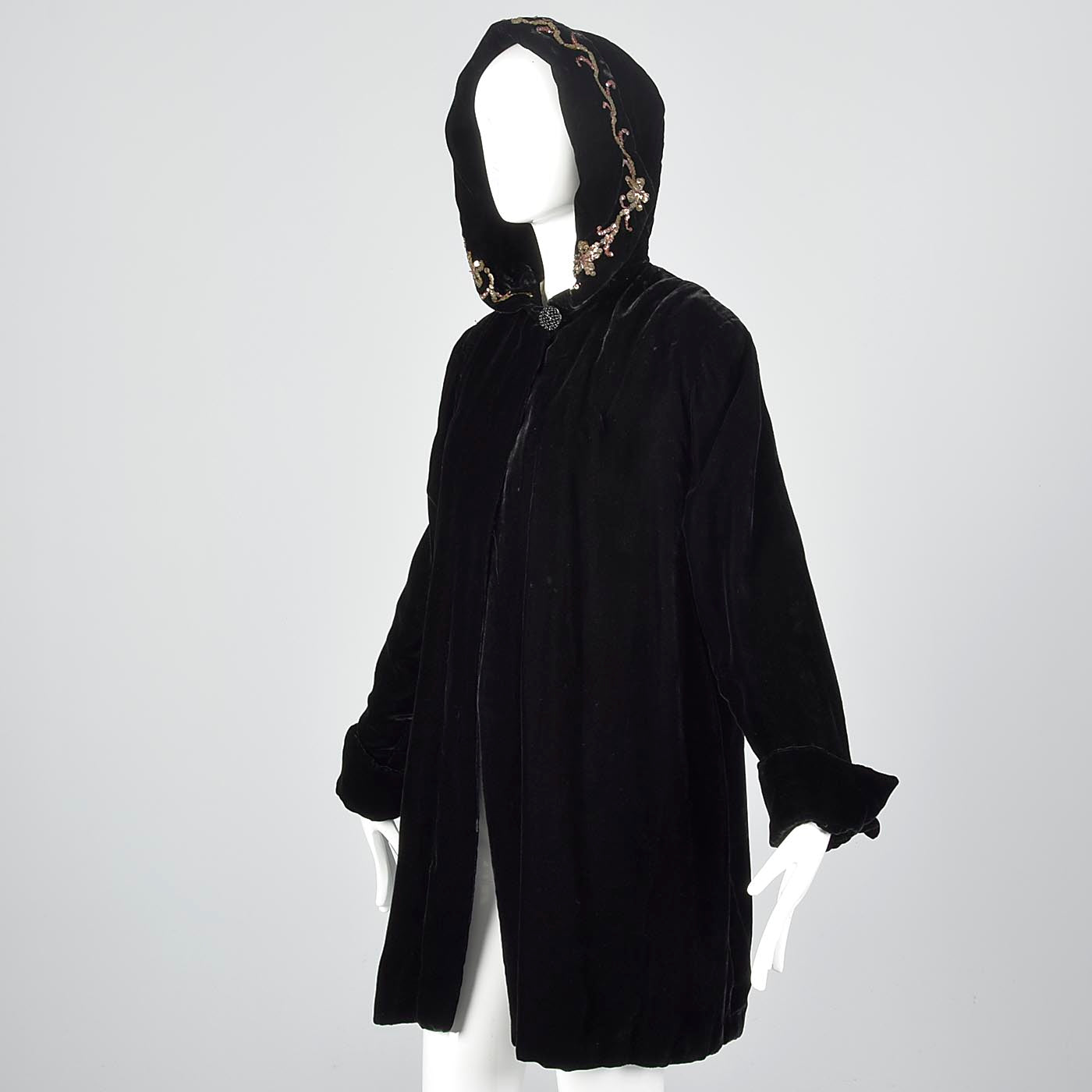 1940s Black Velvet Coat with Sequin Hood