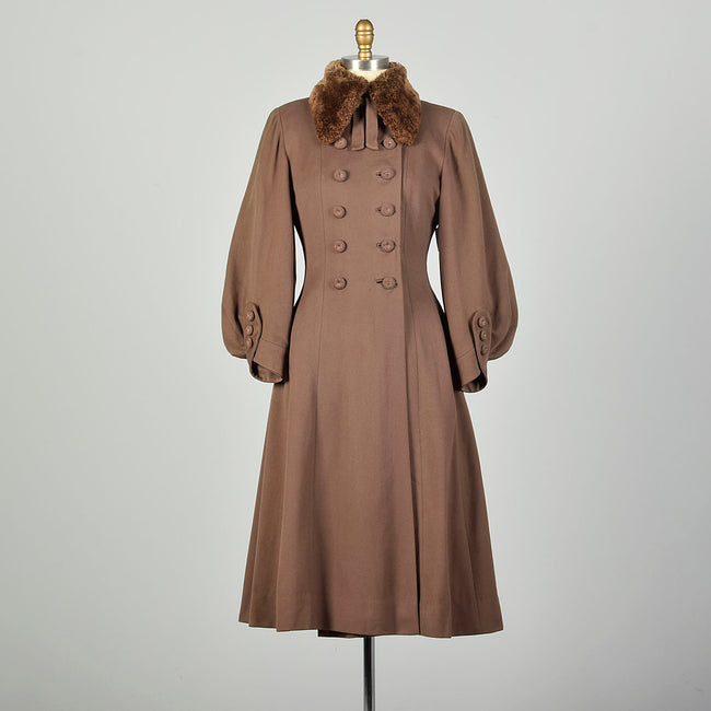 XXS 1940s Princess Coat  Light Brown Statement Sleeves Sheared Fur Collar Double Breasted