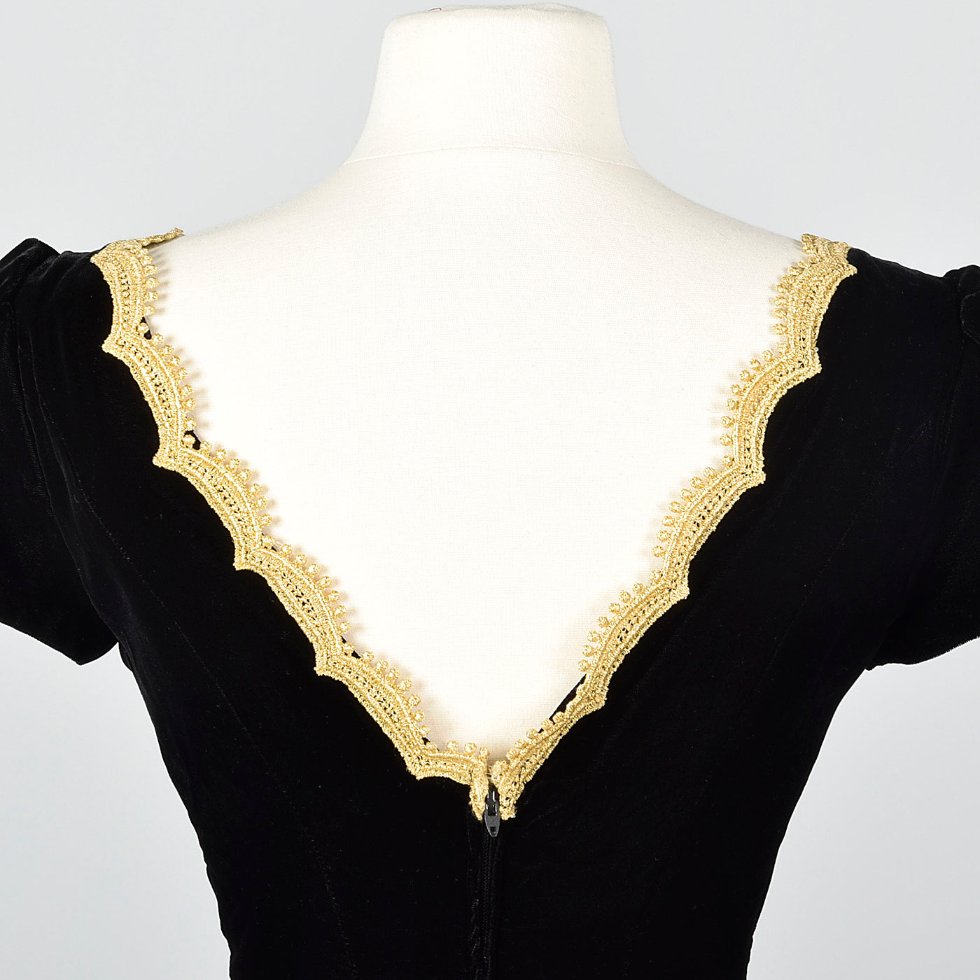 1950s Black Velvet Wiggle Dress with Gold Trim Collar