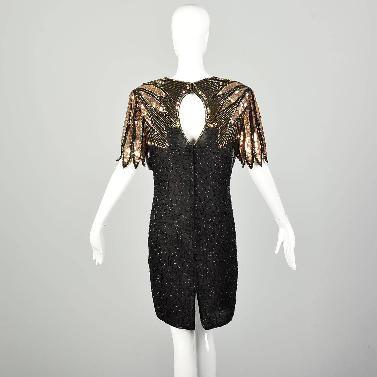 Medium 1990s Gold Black Cocktail Dress Keyhole Back Sequin Beaded Evening Party Chemise