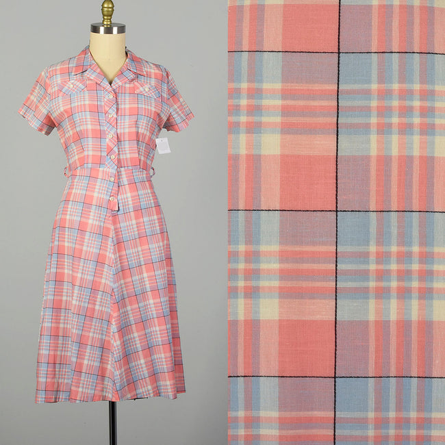 XL 1950s Pink Plaid Summer Day Shirtwaist Dress