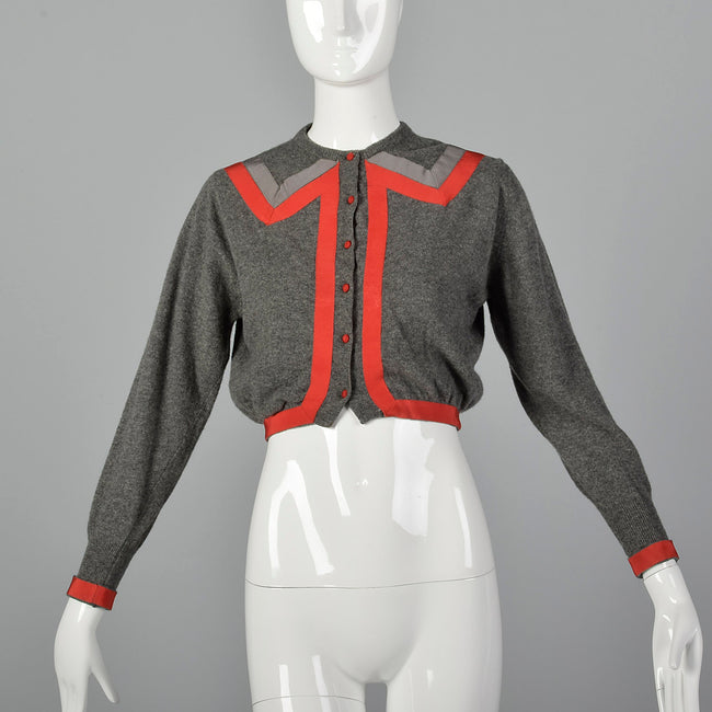 1950s Gray Cashmere Sweater with Red Trim