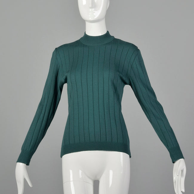 XS Burberry 1970s Green Sweater Lightweight Wool Mock Neck Ribbed Knit