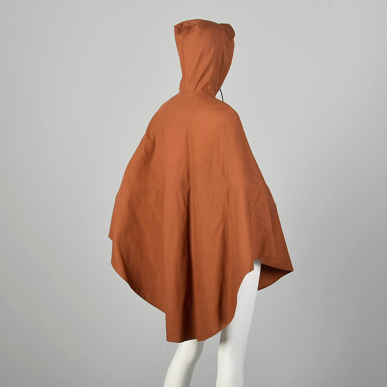 Small 1970s Brown Canvas Button Front Poncho Lightweight Unlined Hooded Cape