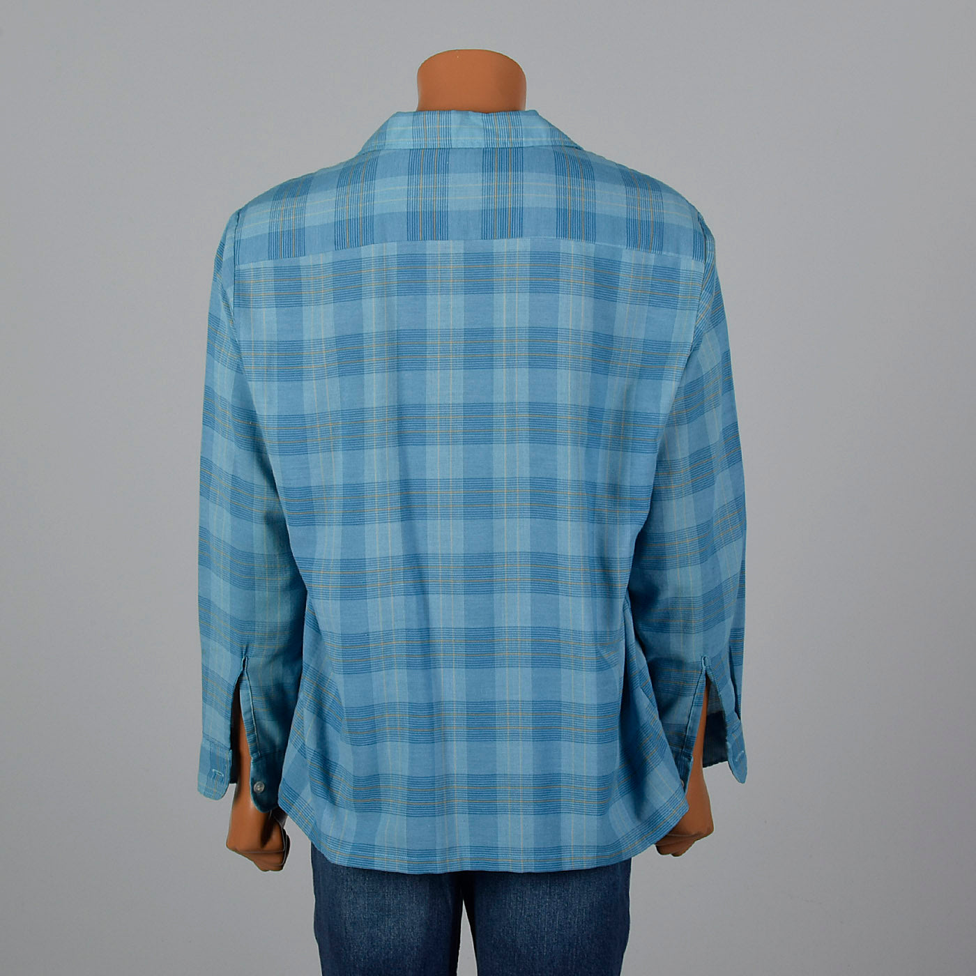 1960s Mens Blue Plaid Shirt with Loop Collar