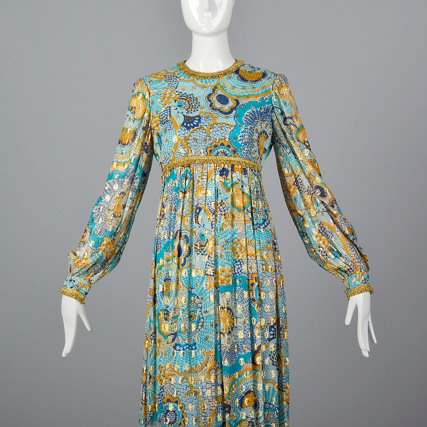 1970s Mollie Parnis Bohemian Maxi Dress with Long Sleeves