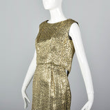 1960s Metallic Gold Dress with Leaf Style Pattern