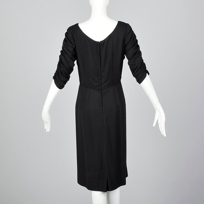 1950s Black Rayon Dress with Gathered Bodice