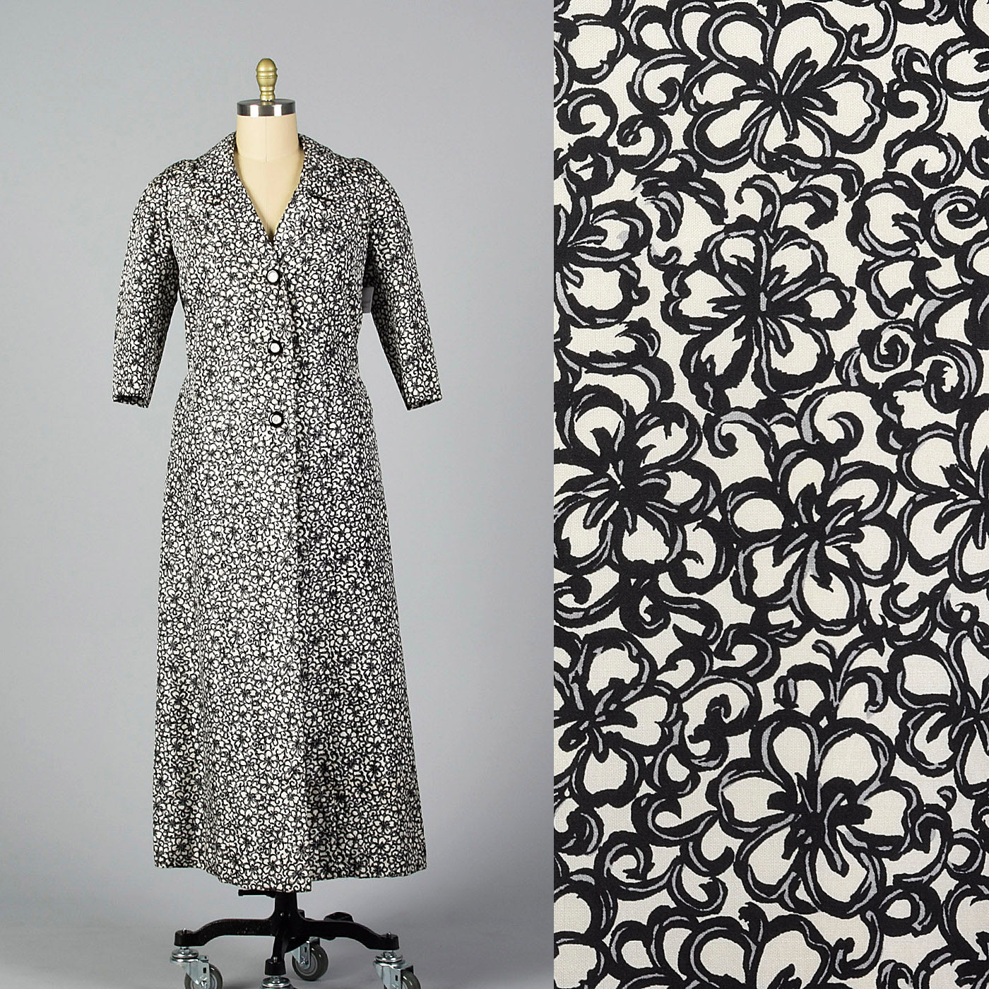 1960s James Galanos Formal Silk Opera Coat in a Black and White Floral