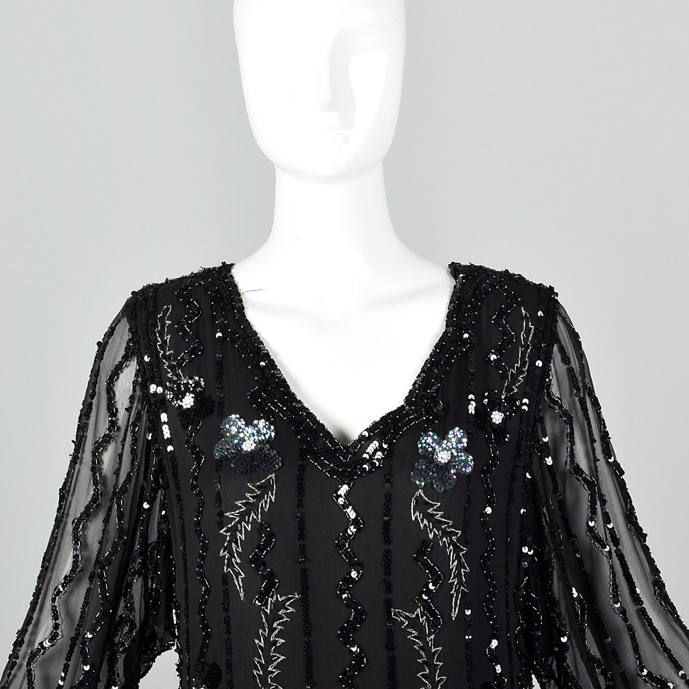 1990s Oleg Cassini Black Silk Beaded Dress