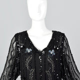 1990s Oleg Cassini Black Silk Beaded Dress