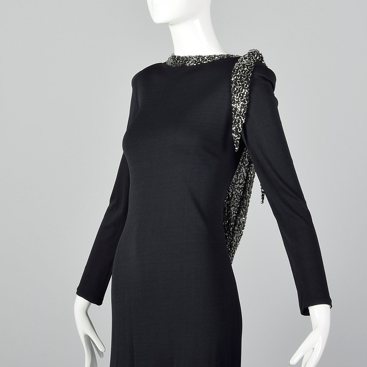 1970s Bob Mackie Black Dress with Low Cut Beaded Back