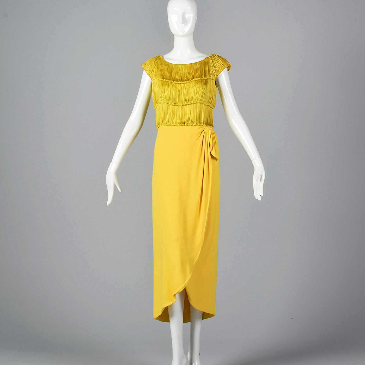 1960s Bright Yellow Cocktail Dress with Fringe Bodice