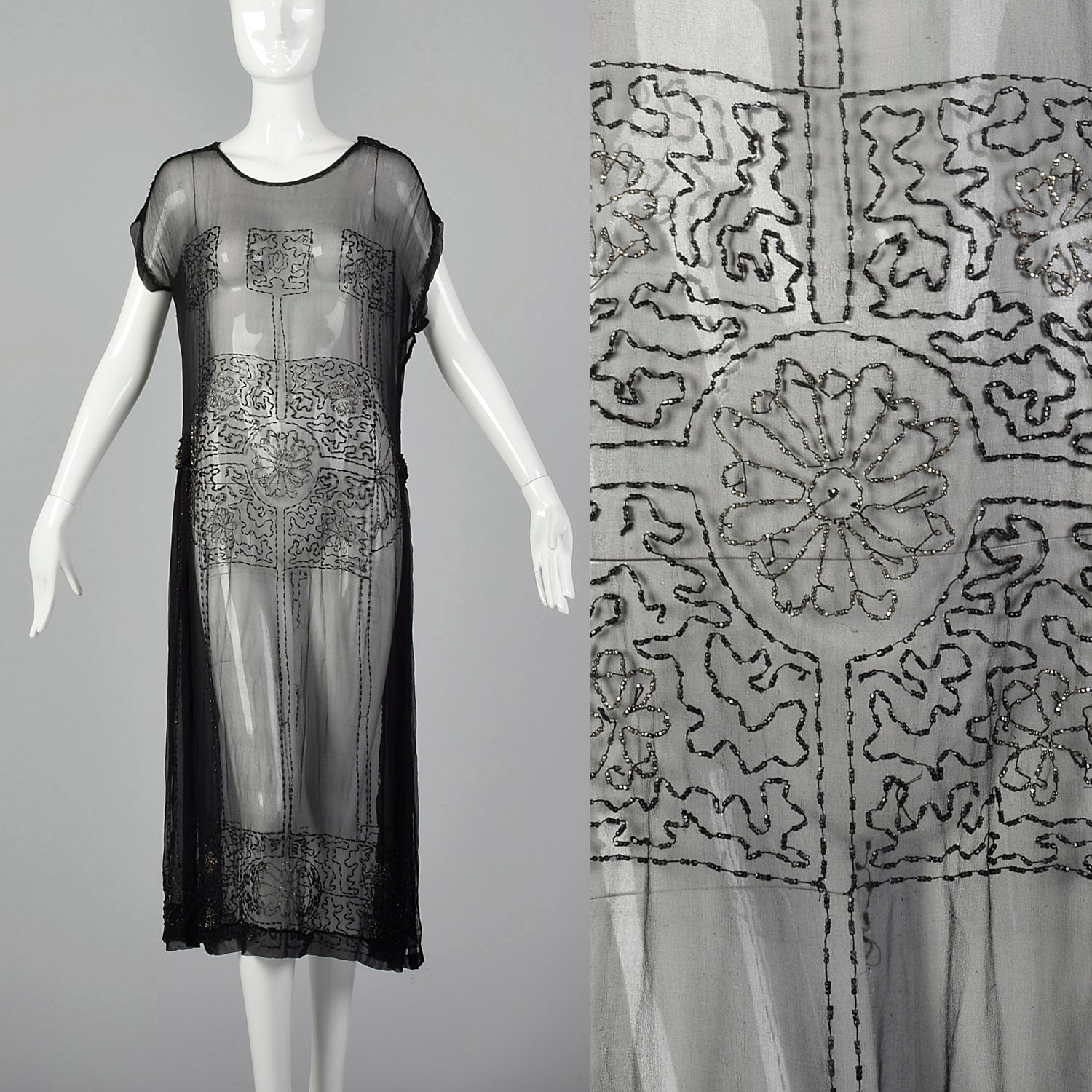 1920s Beaded Sheer Black Dress with Hip Sashes