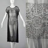 1920s Beaded Sheer Black Dress with Hip Sashes