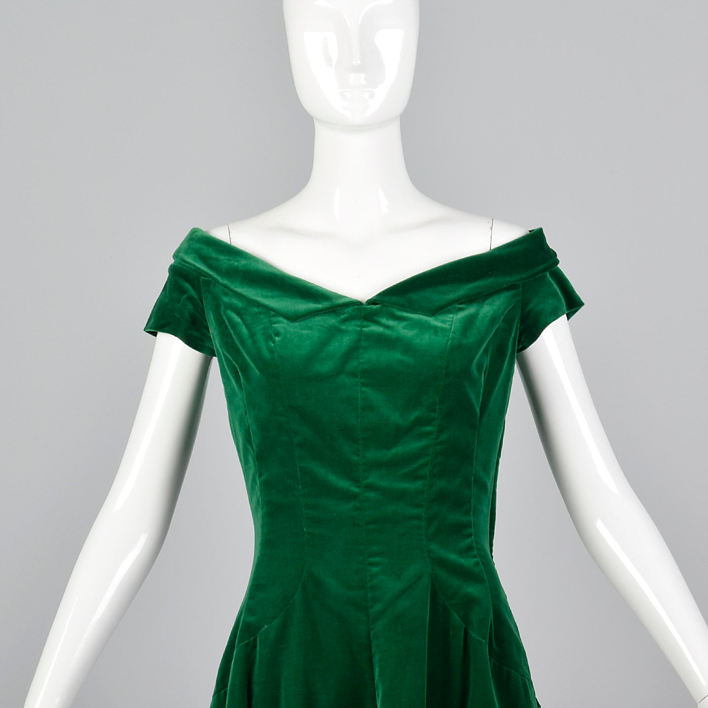1950s Green Velvet Off Shoulder Party Dress Style & Salvage 1950s Green Velvet Off Shoulder Party Dress Style & Salvage
