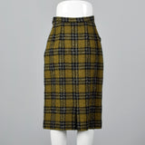1950s Plaid Tweed Skirt with Leather Braid Trim Pocket