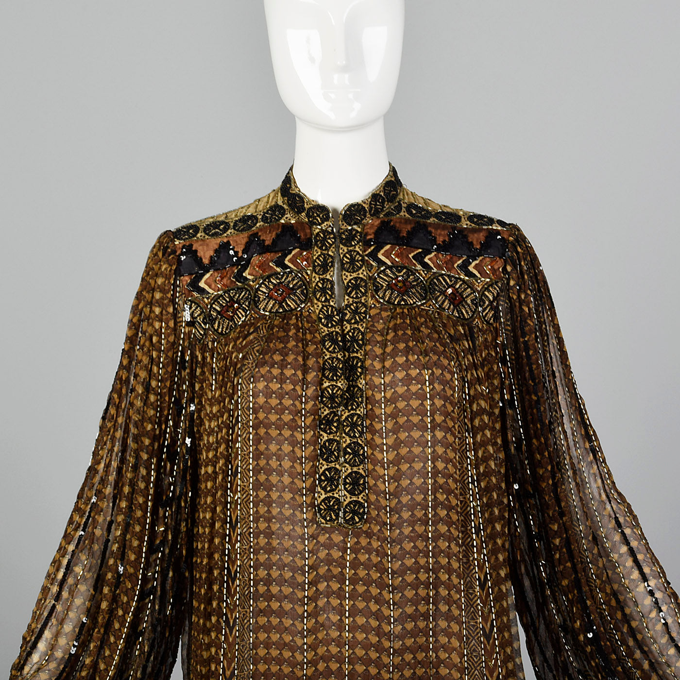 Medium 1970s Judith Ann Creations Brown Silk Beaded Dress