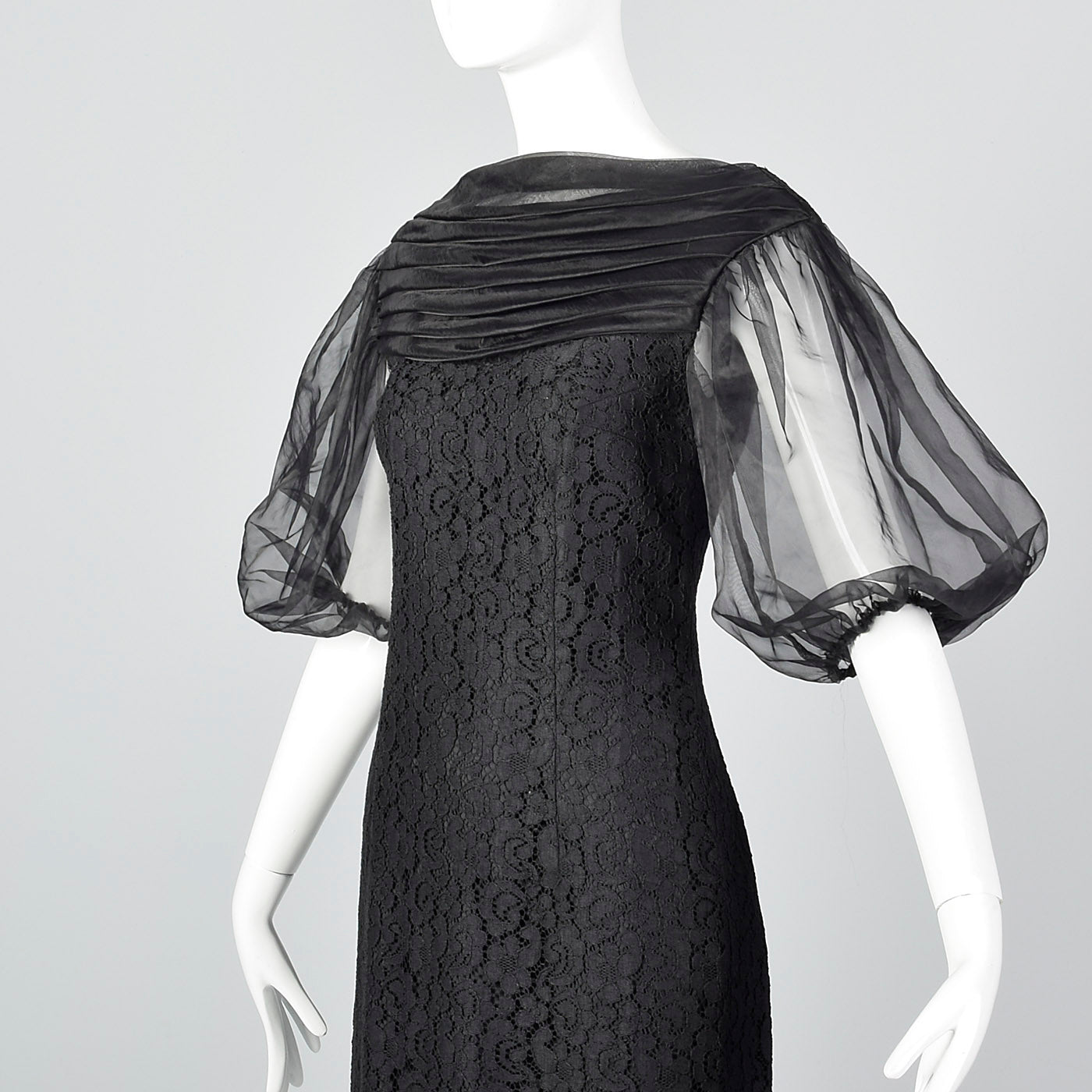 1960s Lace Overlay Shift Dress with Sheer Poof Sleeves