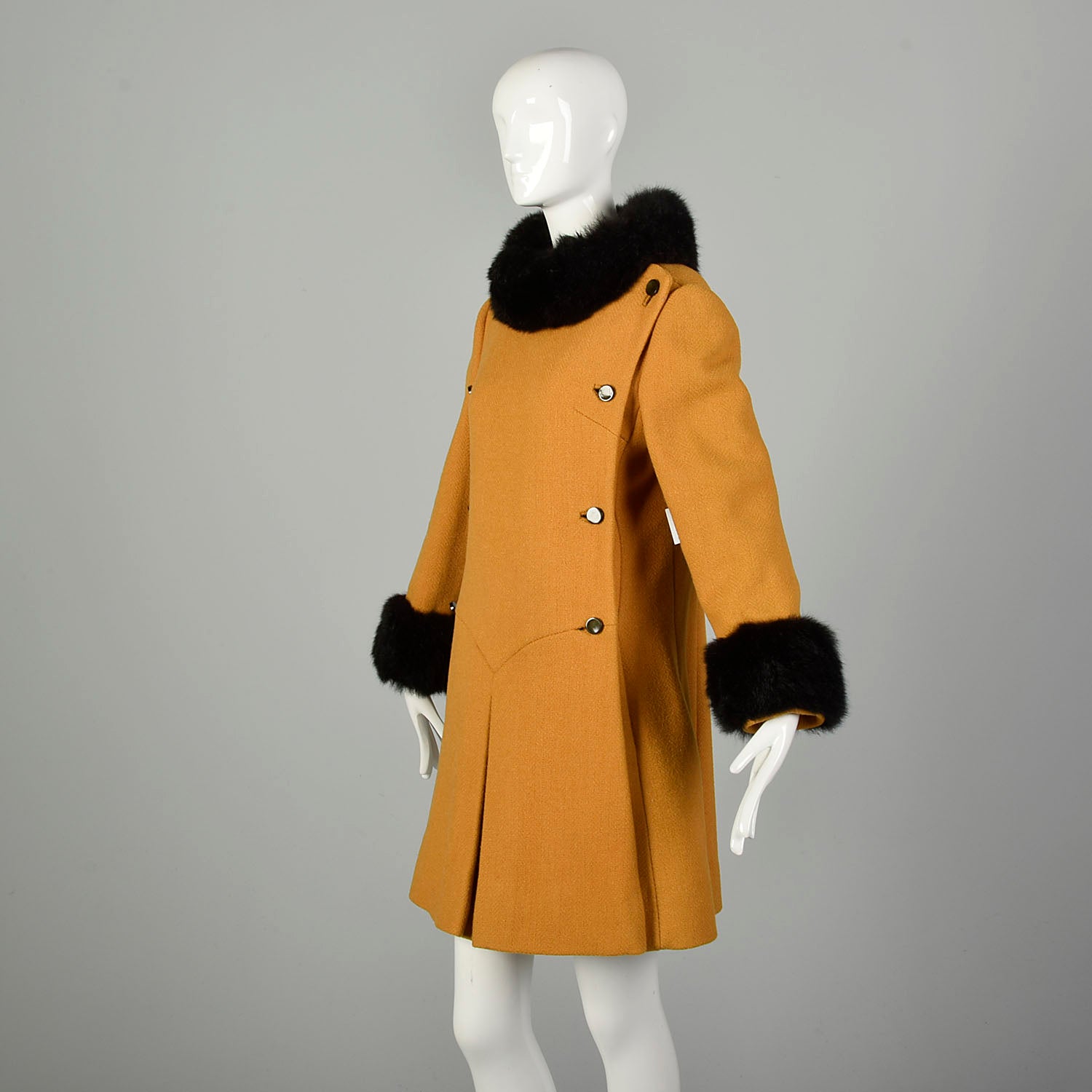 Small 1960s Coat Mustard Mod Military Double Breasted Real Fur Winter