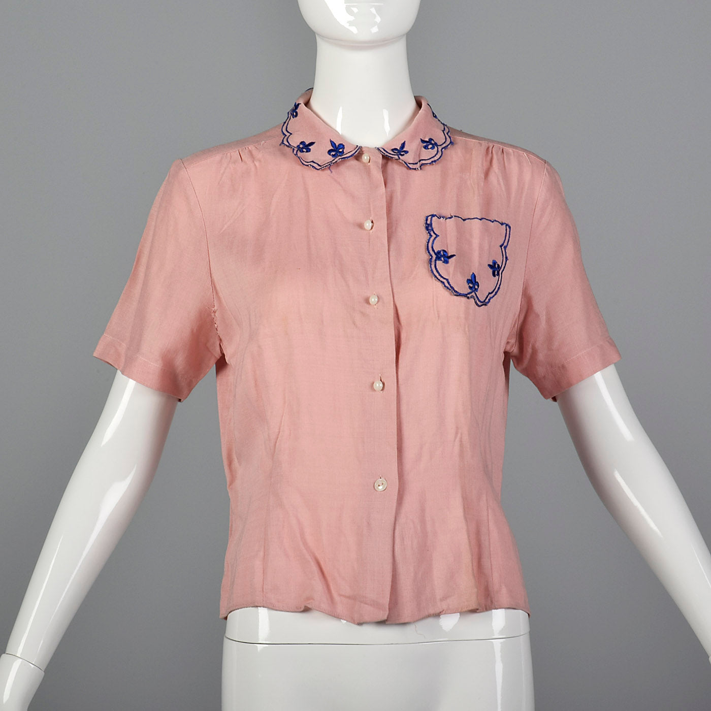 1940s Pink Rayon Blouse with Blue Embroidery