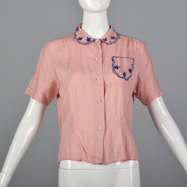 1940s Pink Rayon Blouse with Blue Embroidery