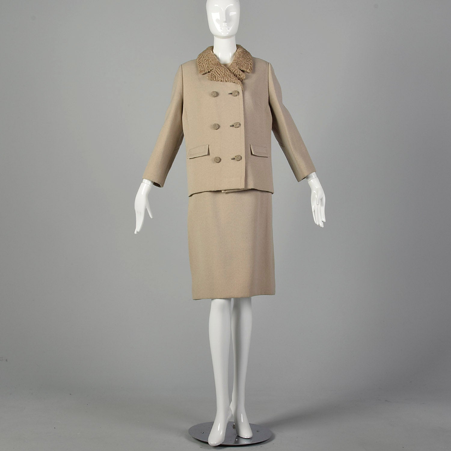 Medium 1960s Tan Three Piece Wool Skirt Suit