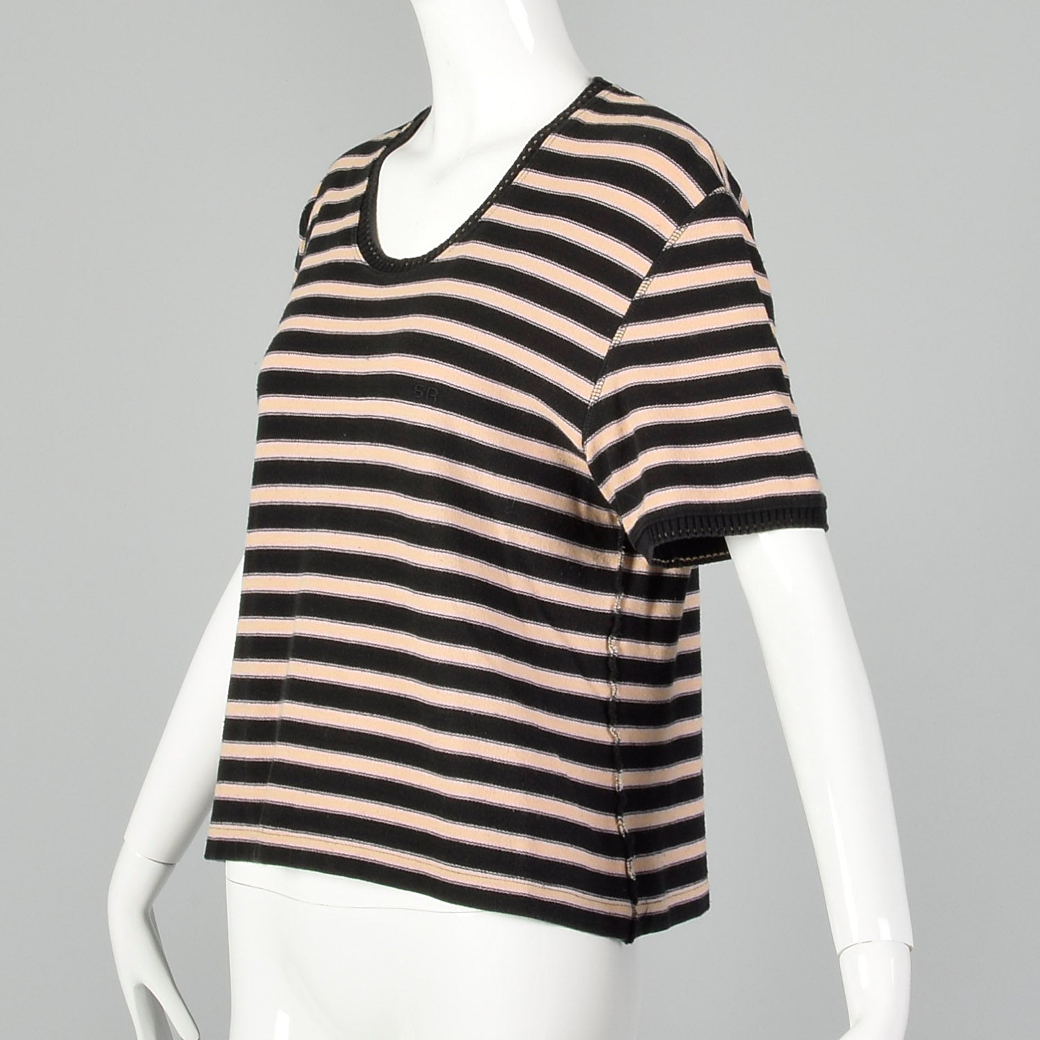 Large Sonia Rykiel 1990s Pink Black Striped Shirt Sleeved Sweater