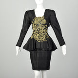Medium 1980s Black Silk Dress Gold Beaded Appliqué Cocktail Peplum
