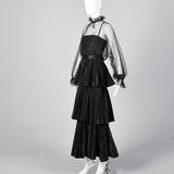 1970s Richilene Black Pleated Maxi Dress with Mesh Top