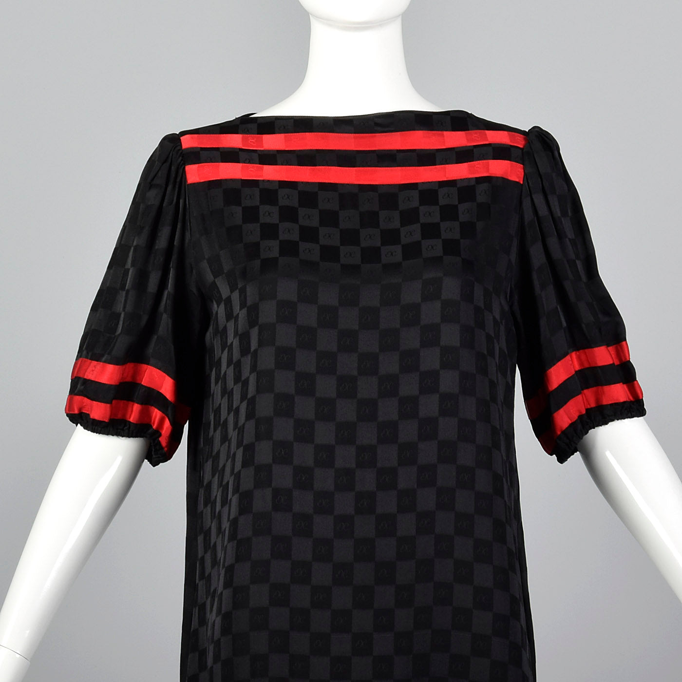 1980s Oleg Cassini Black Silk Dress with Red Trim